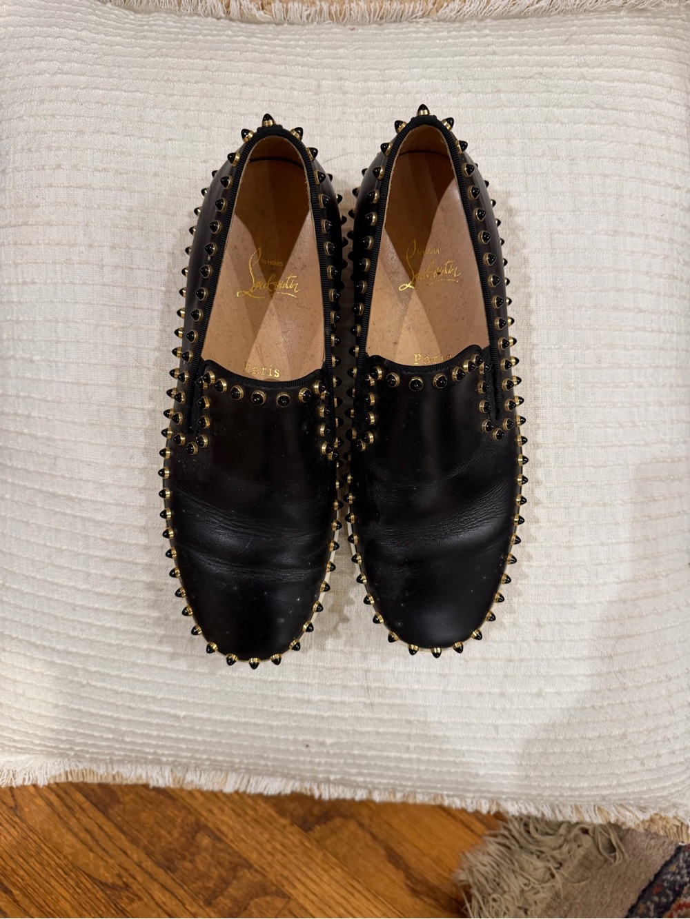 Christian Louboutin Black Leather Studded Slip-On Loafers - Picture 2 of 6